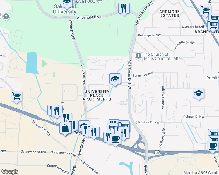 map of restaurants, bars, coffee shops, grocery stores, and more near 5044 Galaxy Way Northwest in Huntsville