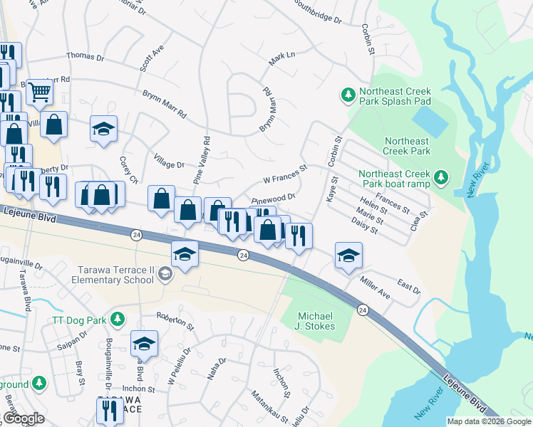 map of restaurants, bars, coffee shops, grocery stores, and more near 108 Persimmon Court in Jacksonville