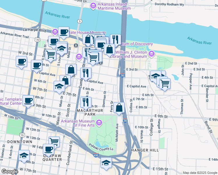 map of restaurants, bars, coffee shops, grocery stores, and more near 615 East Capitol Avenue in Little Rock