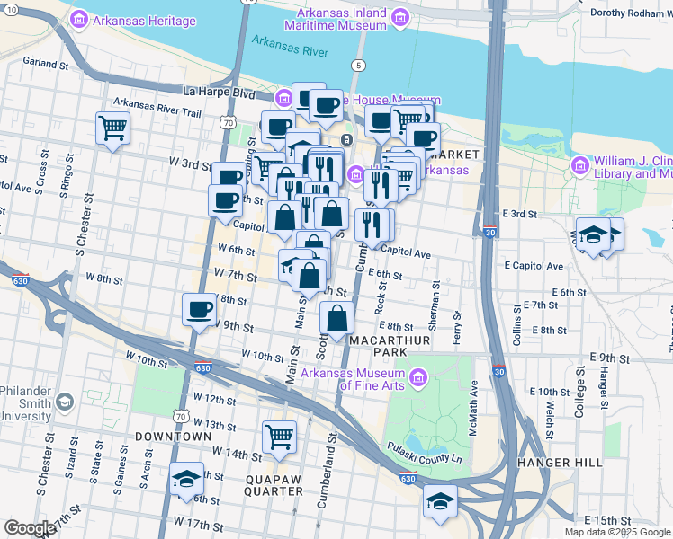 map of restaurants, bars, coffee shops, grocery stores, and more near 601 Scott St in Little Rock