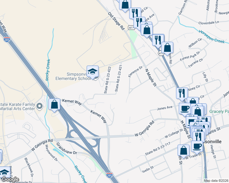 map of restaurants, bars, coffee shops, grocery stores, and more near 209 Boyd Avenue in Simpsonville