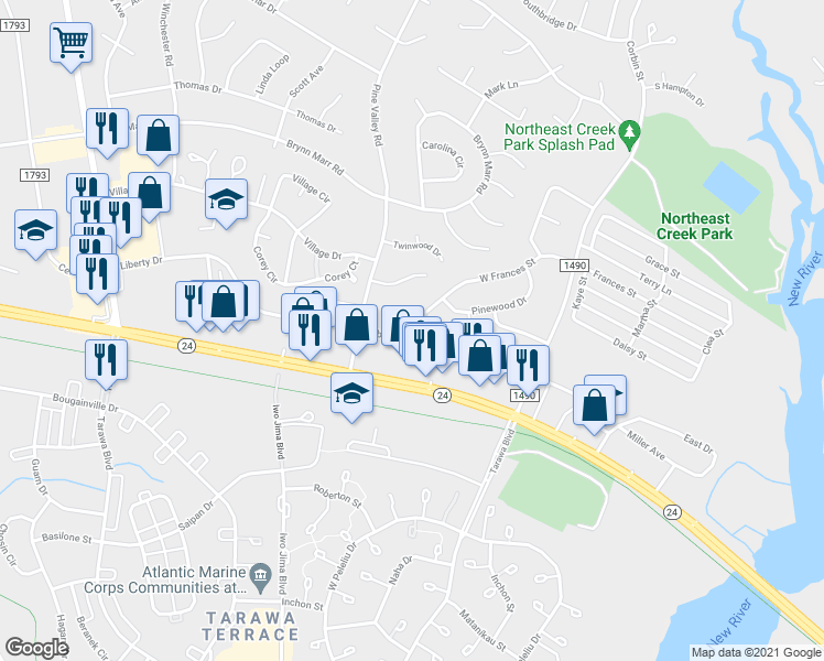 map of restaurants, bars, coffee shops, grocery stores, and more near 325 Liberty Drive in Jacksonville