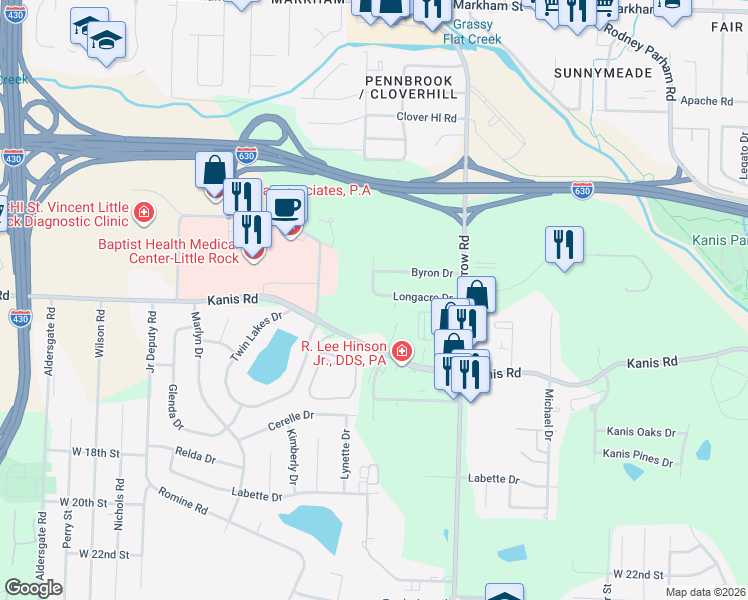 map of restaurants, bars, coffee shops, grocery stores, and more near 1112 Patton Place in Little Rock