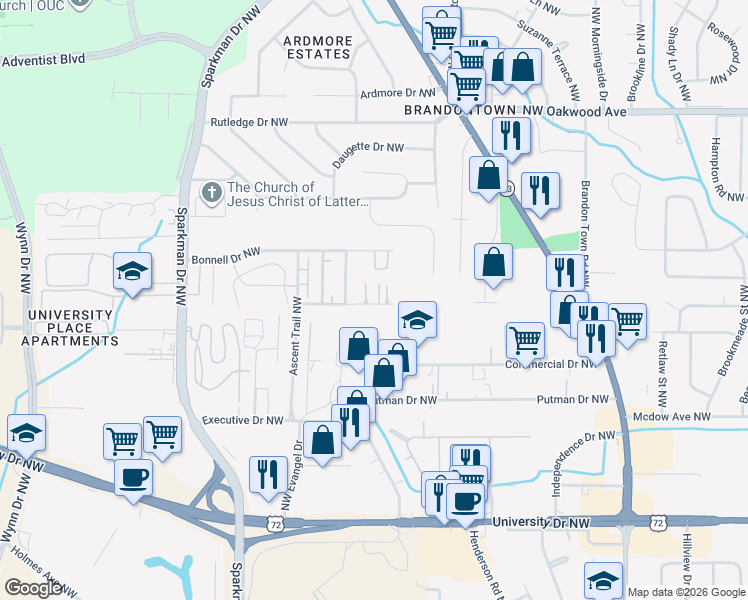 map of restaurants, bars, coffee shops, grocery stores, and more near 4428 Torrance Drive Northwest in Huntsville