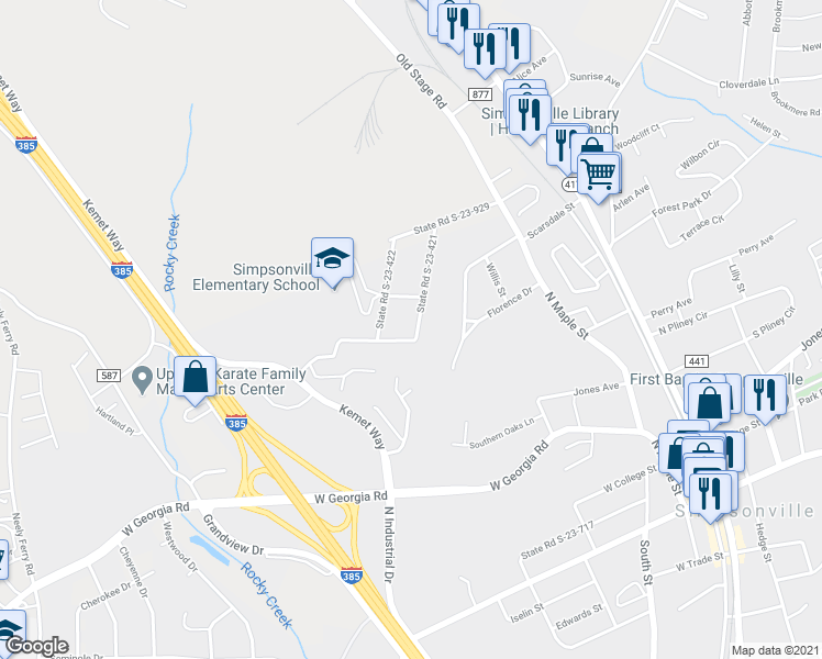 map of restaurants, bars, coffee shops, grocery stores, and more near 209 Boyd Avenue in Simpsonville