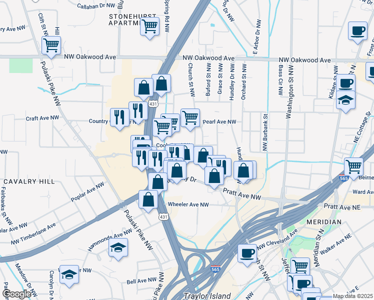 map of restaurants, bars, coffee shops, grocery stores, and more near 817 Cook Avenue Northwest in Huntsville