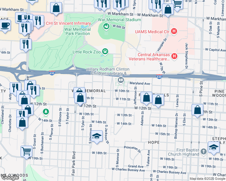 map of restaurants, bars, coffee shops, grocery stores, and more near W 10th St & E Jonesboro Dr in Little Rock