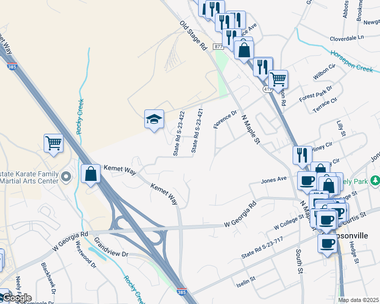 map of restaurants, bars, coffee shops, grocery stores, and more near 209 Boyd Avenue in Simpsonville