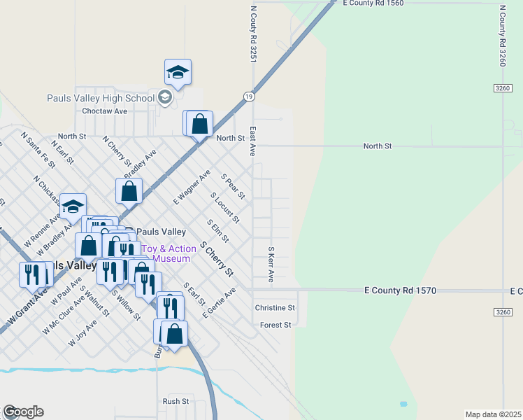 map of restaurants, bars, coffee shops, grocery stores, and more near 105 Washington Street in Pauls Valley