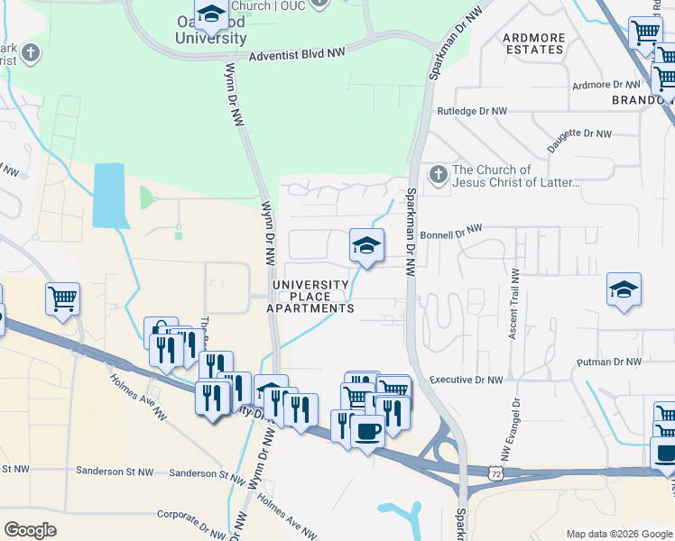 map of restaurants, bars, coffee shops, grocery stores, and more near 5001 Galaxy Way Northwest in Huntsville