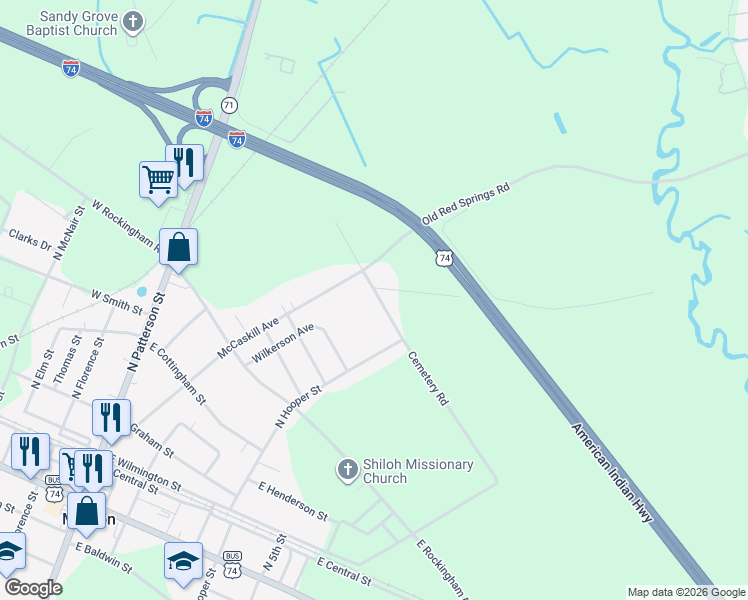 map of restaurants, bars, coffee shops, grocery stores, and more near 418 Cemetery Road in Maxton