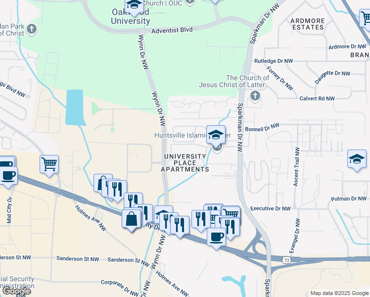 map of restaurants, bars, coffee shops, grocery stores, and more near 5001 Galaxy Way Northwest in Huntsville