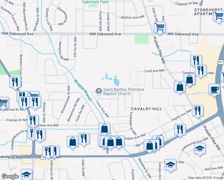 map of restaurants, bars, coffee shops, grocery stores, and more near 3006 Turf Avenue Northwest in Huntsville