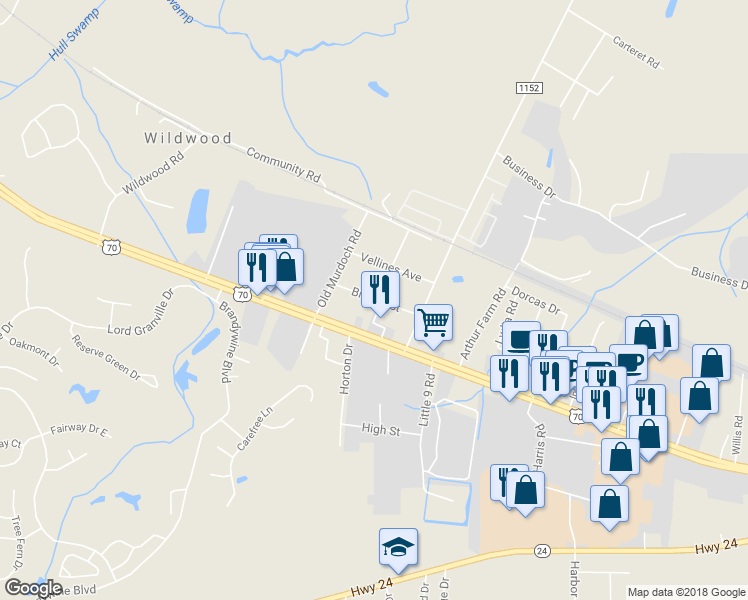 map of restaurants, bars, coffee shops, grocery stores, and more near 143 Brooks Street in Morehead City