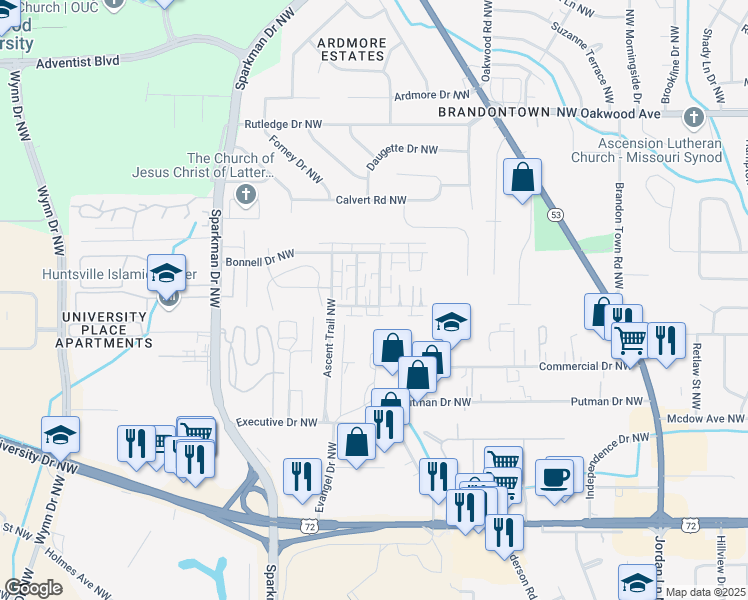 map of restaurants, bars, coffee shops, grocery stores, and more near 1500 Barrington Road Northwest in Huntsville