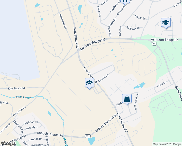 map of restaurants, bars, coffee shops, grocery stores, and more near 1 Terrain Drive in Greenville