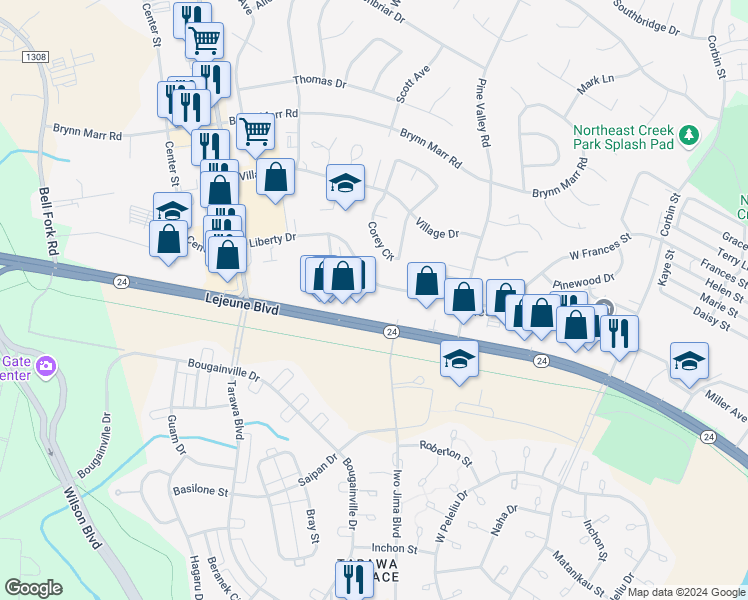 map of restaurants, bars, coffee shops, grocery stores, and more near 280 Liberty Drive in Jacksonville