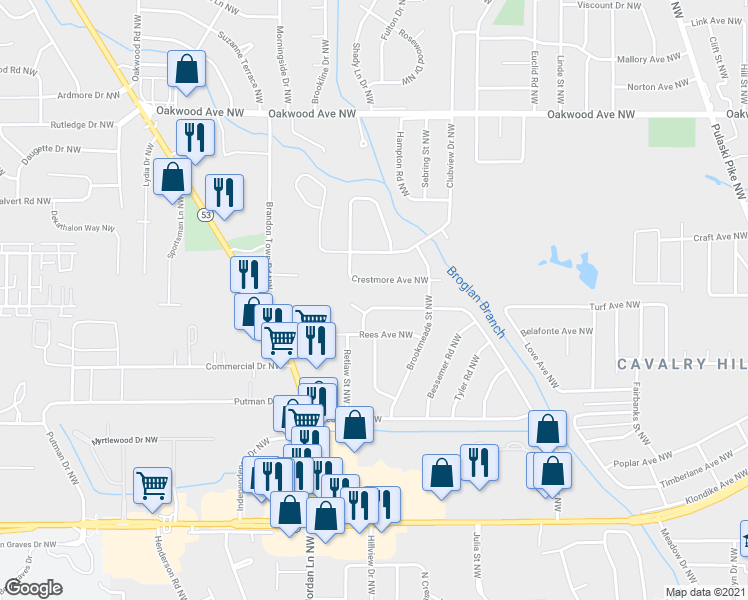map of restaurants, bars, coffee shops, grocery stores, and more near 1314 Oster Drive Northwest in Huntsville