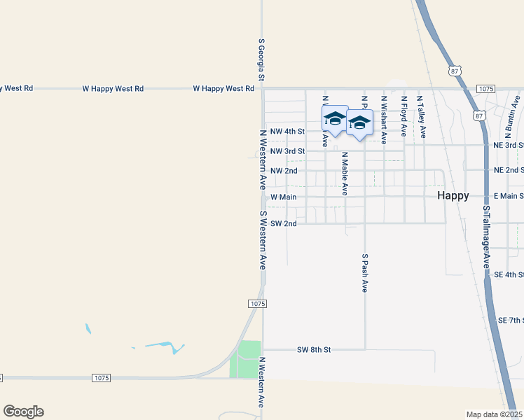 map of restaurants, bars, coffee shops, grocery stores, and more near in Happy