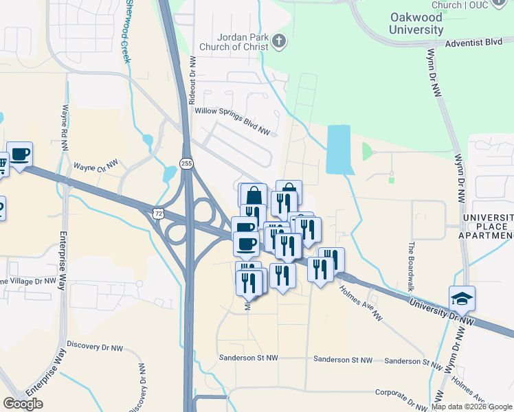 map of restaurants, bars, coffee shops, grocery stores, and more near 1133 Stones Throw Drive Northwest in Huntsville