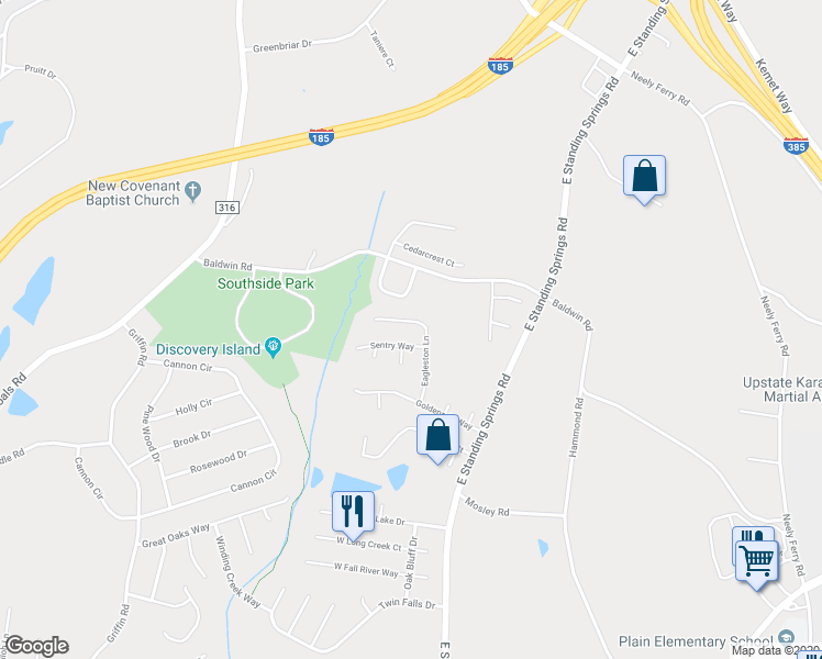 map of restaurants, bars, coffee shops, grocery stores, and more near 109 Eagleston Lane in Simpsonville
