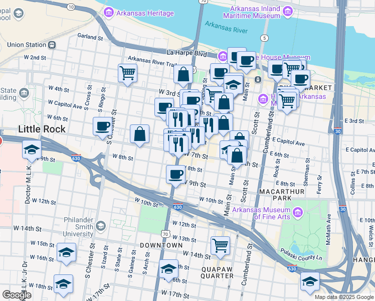 map of restaurants, bars, coffee shops, grocery stores, and more near 412 West 7th Street in Little Rock