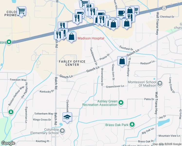 map of restaurants, bars, coffee shops, grocery stores, and more near 620 Gooch Lane in Madison
