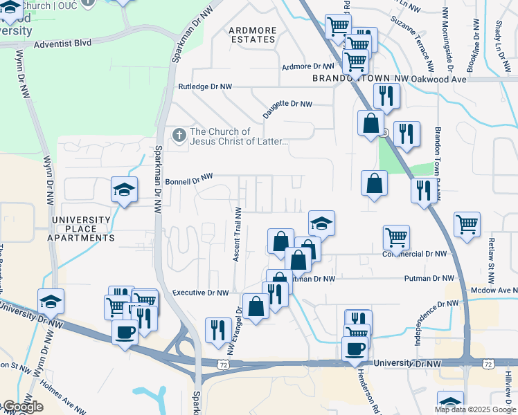map of restaurants, bars, coffee shops, grocery stores, and more near 1500 Barrington Road Northwest in Huntsville
