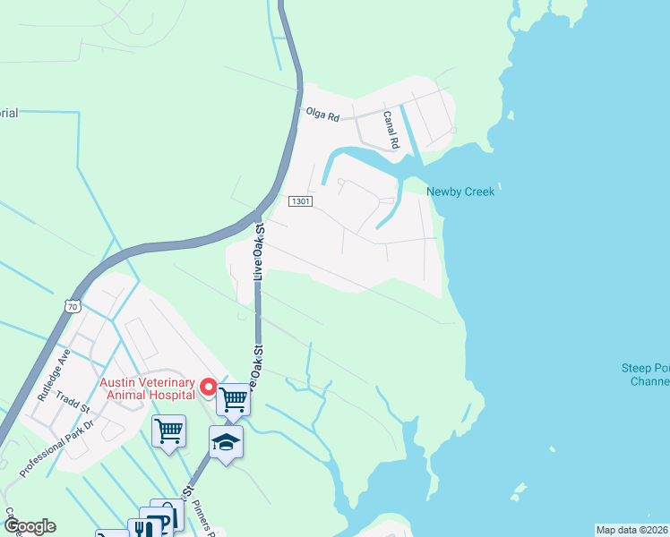map of restaurants, bars, coffee shops, grocery stores, and more near 181 Piver Road in Beaufort
