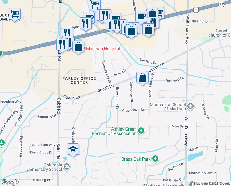 map of restaurants, bars, coffee shops, grocery stores, and more near 106 Brownstone Drive in Madison