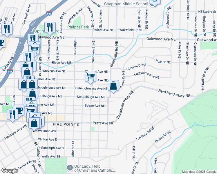 map of restaurants, bars, coffee shops, grocery stores, and more near 1615 Oshaughnessy Avenue Northeast in Huntsville