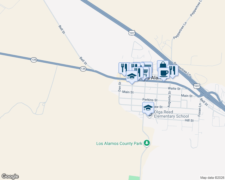 map of restaurants, bars, coffee shops, grocery stores, and more near 137 Main Street in Los Alamos