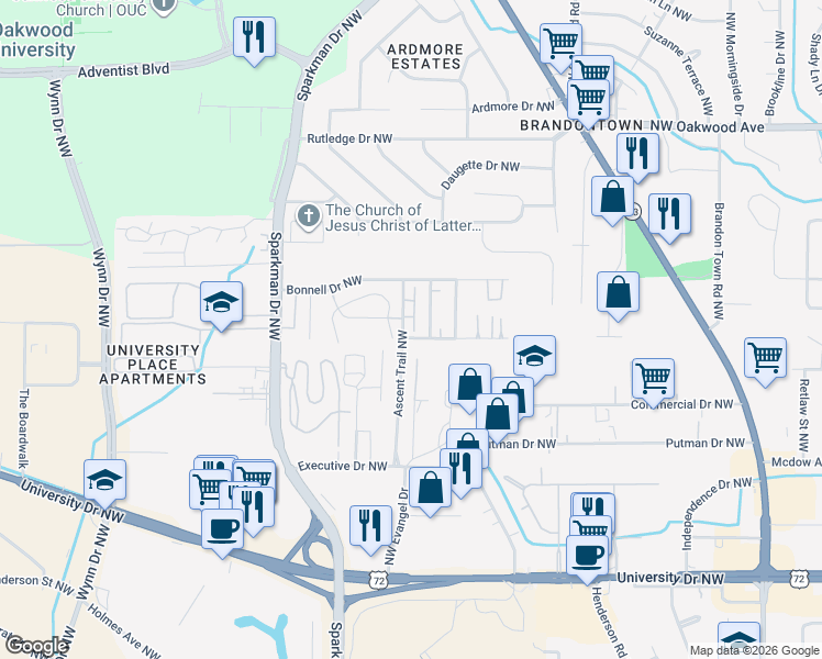 map of restaurants, bars, coffee shops, grocery stores, and more near in Huntsville