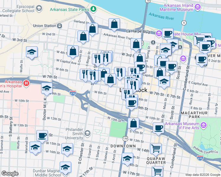 map of restaurants, bars, coffee shops, grocery stores, and more near 717 West 7th Street in Little Rock