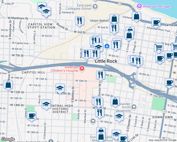 map of restaurants, bars, coffee shops, grocery stores, and more near 1601 West 8th Street in Little Rock
