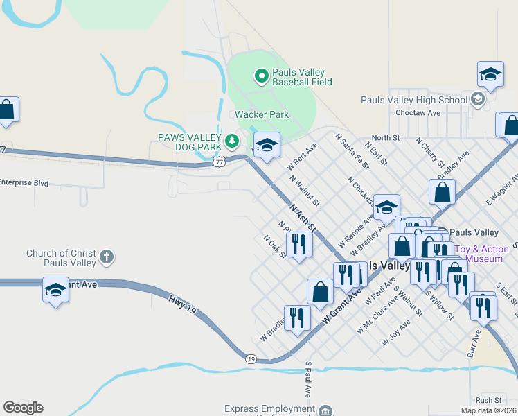 map of restaurants, bars, coffee shops, grocery stores, and more near 823 North Pine Street in Pauls Valley