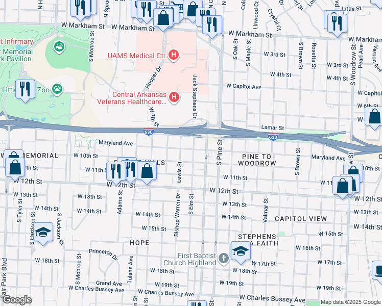 map of restaurants, bars, coffee shops, grocery stores, and more near 904 South Elm Street in Little Rock