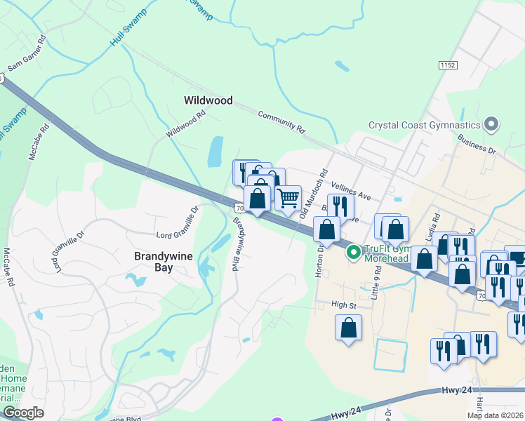map of restaurants, bars, coffee shops, grocery stores, and more near 5368 Arendell Street in Morehead City