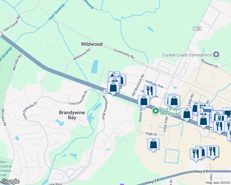 map of restaurants, bars, coffee shops, grocery stores, and more near 5368-5378 Arendell St in Morehead City