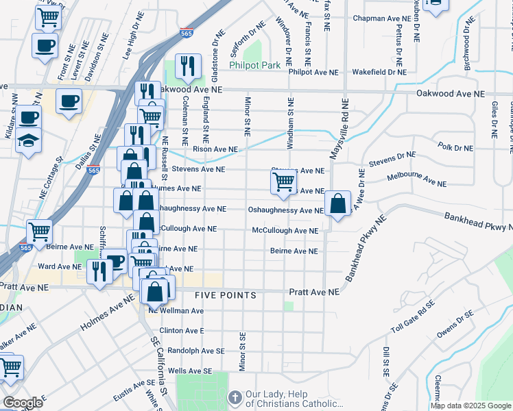 map of restaurants, bars, coffee shops, grocery stores, and more near 1313 Oshaughnessy Avenue Northeast in Huntsville