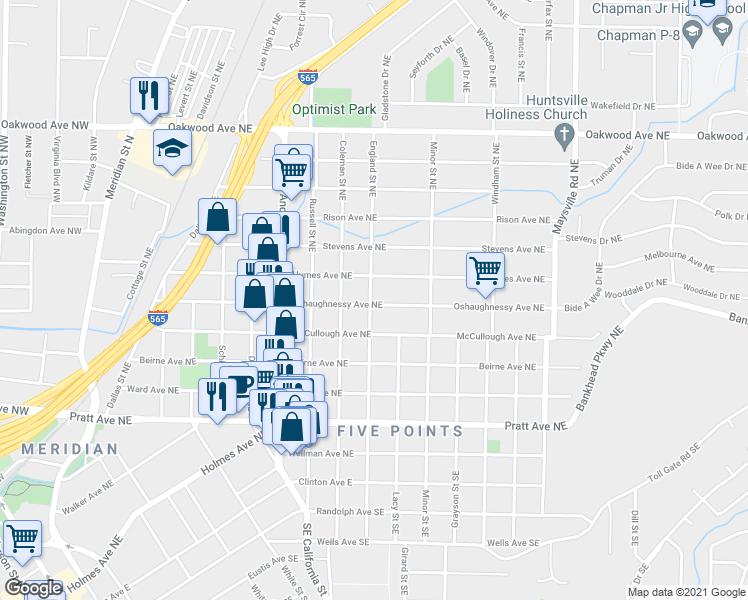 map of restaurants, bars, coffee shops, grocery stores, and more near 1105 Oshaughnessy Avenue Northeast in Huntsville