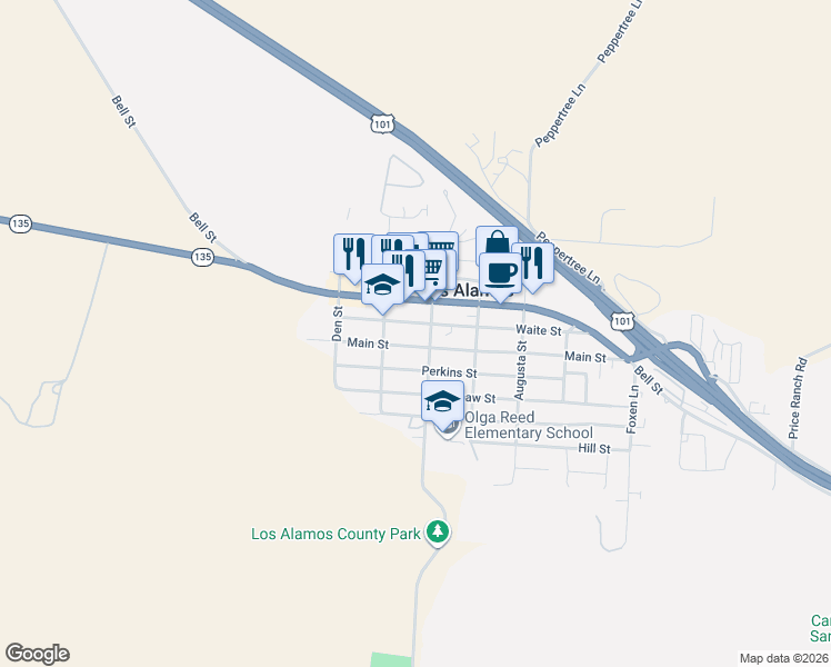 map of restaurants, bars, coffee shops, grocery stores, and more near 365 Main Street in Los Alamos