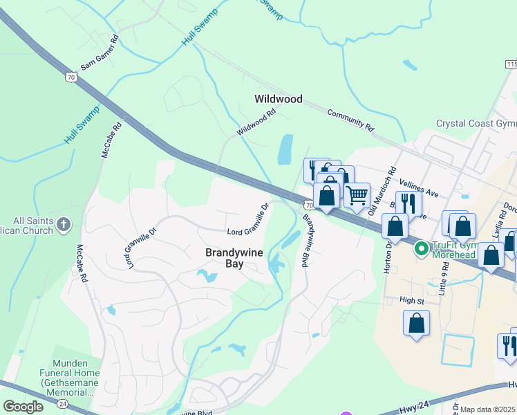 map of restaurants, bars, coffee shops, grocery stores, and more near 917 Lord Granville Drive in Morehead City