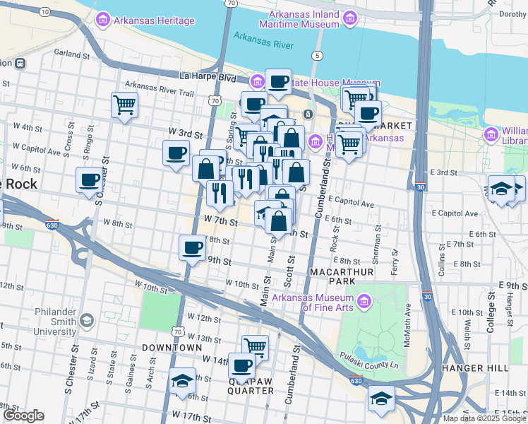 map of restaurants, bars, coffee shops, grocery stores, and more near 123 West 6th Street in Little Rock