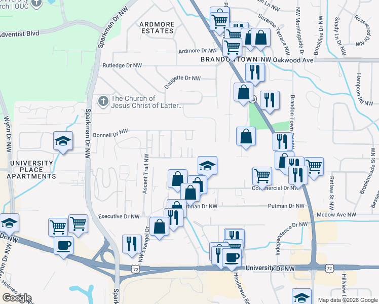 map of restaurants, bars, coffee shops, grocery stores, and more near 4422 Torrance Drive Northwest in Huntsville