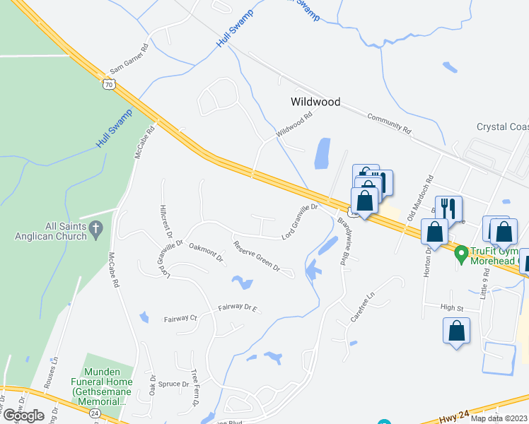map of restaurants, bars, coffee shops, grocery stores, and more near 805 Broadmoor Court in Morehead City