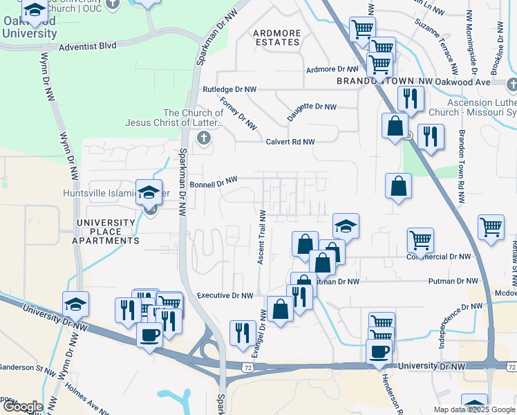 map of restaurants, bars, coffee shops, grocery stores, and more near 4515 Bonnell Drive Northwest in Huntsville