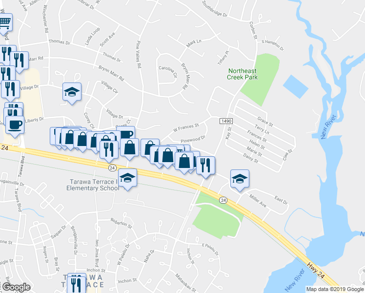 map of restaurants, bars, coffee shops, grocery stores, and more near 105 Persimmon Court in Jacksonville