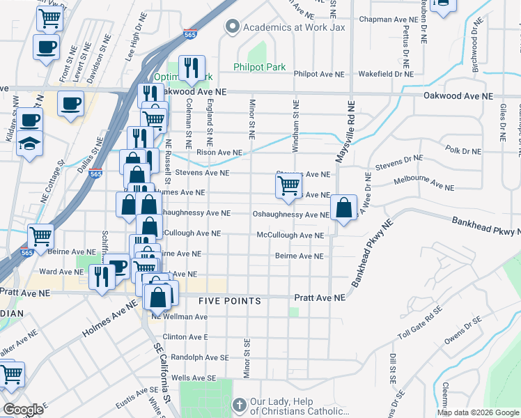 map of restaurants, bars, coffee shops, grocery stores, and more near 1313 Oshaughnessy Avenue Northeast in Huntsville
