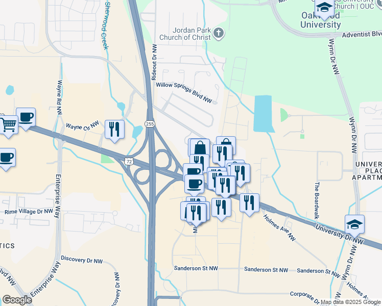 map of restaurants, bars, coffee shops, grocery stores, and more near 1075 Stones Throw Drive Northwest in Huntsville